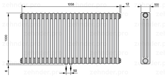 Схема (чертеж) Радиатор Zehnder Charleston 3100/23 №3470 Белый глянцевый RAL 9016